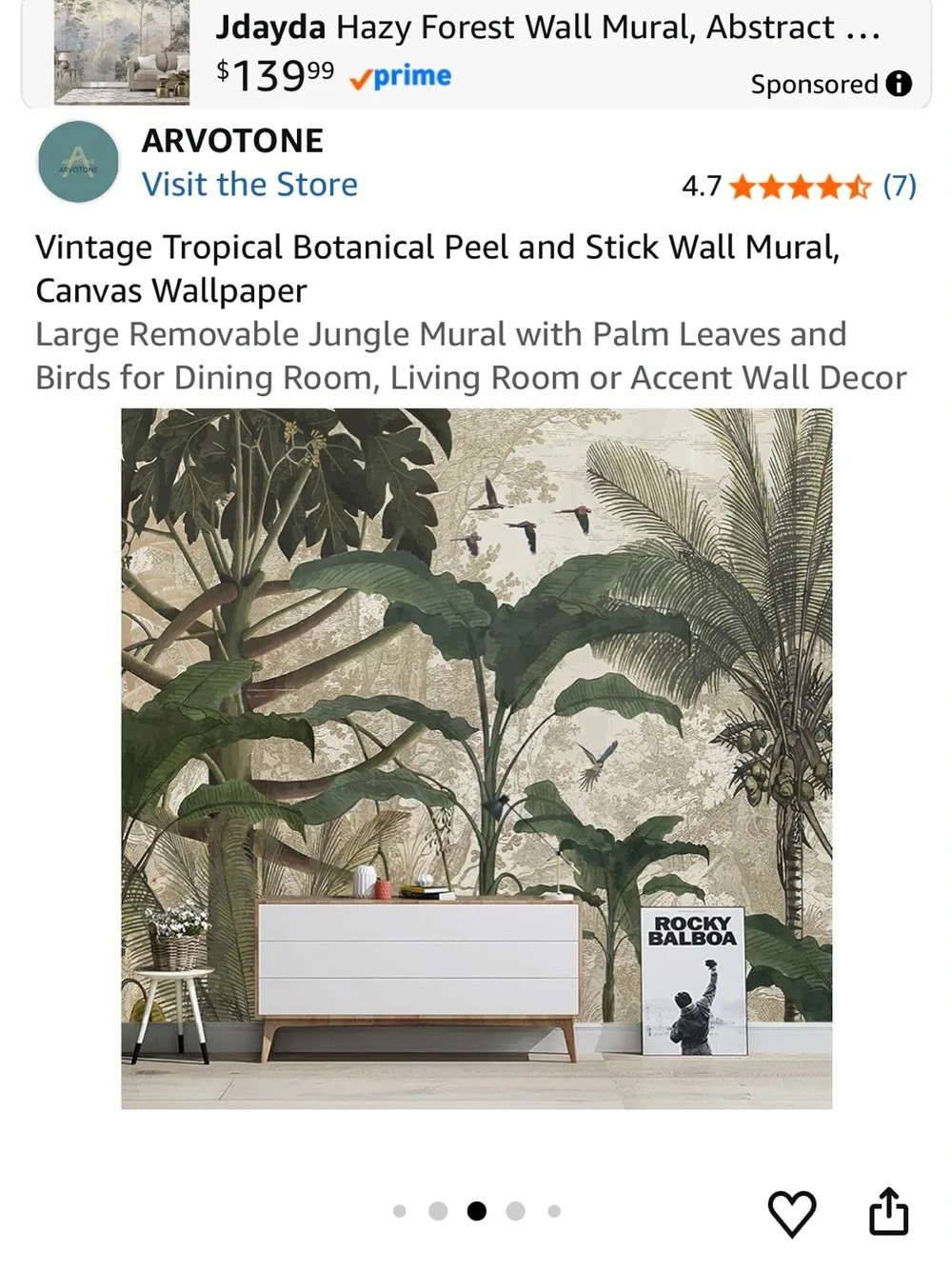 Brand New in Box Vintage Tropical Green Botanical Peel-and-Stick Wall Mural